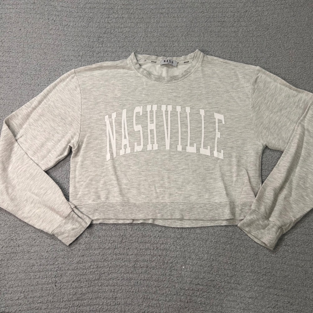 Nash Nashville Cropped Sweatshirt M/L Grey Graphic Varsity Pullover Long Sleeve